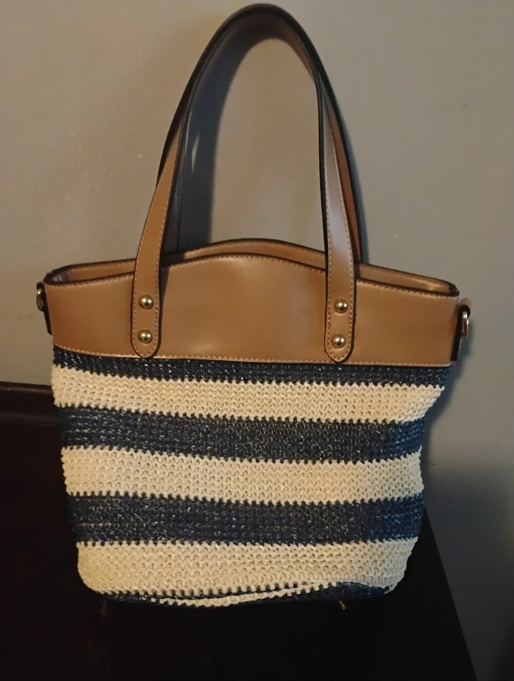 Olivia Miller Tan and Navy Striped Straw Tote